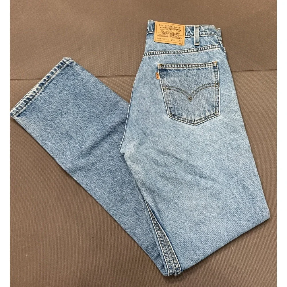 Vintage 1997 Levis 505 Straight Leg Orange Tab Denim Jeans Mens 31x32 Light Wash